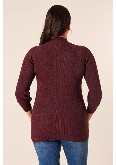 Boyun Dekolteli Saç Örgülü Desen Büyük Beden Spor Tunik Kazak-35211 - Mor