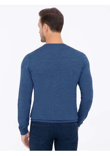 Cacharel İndigo Slim Fit Bisiklet Yaka Basic Triko Kazak Mavi