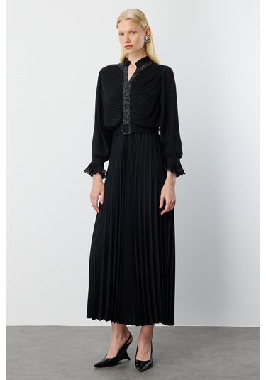 Moda İlgi Kadın Ön Bedeni Taşlı Piliseli Elbise 0060 Siyah Siyah