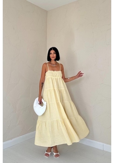 S-pazarım Sarı Askılı Parçalı Çizgili Müslin Elbise Sarı