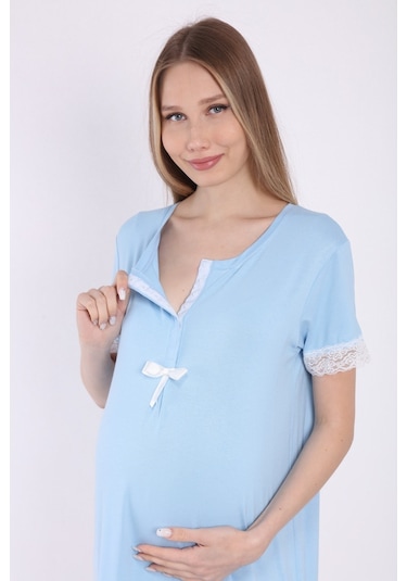 Luvmabelly Myra9591 Önden Çıt Çıtlı Dantelli Hamile Geceliği -mavi-mavi