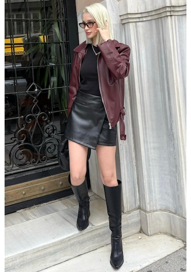 Siyah Kadın Deri Şort Etek Mg2521 Siyah