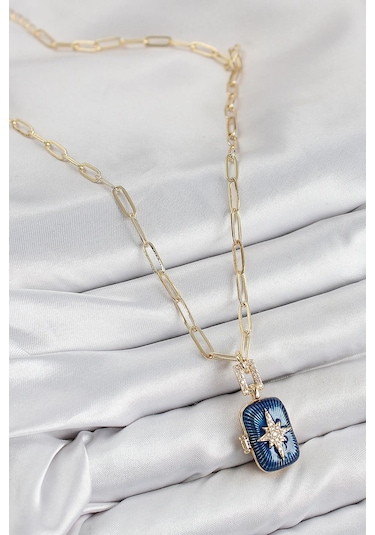 Pirinç Zirkon Taşlı Açılabilir Kutup Yıldızı Model Gold Renk Kadın Kolye Çok Renkli