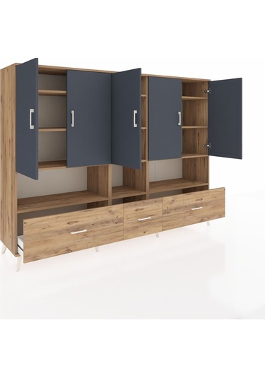 Hyperion Dolap 12 Raflı 3 Çekmeceli 5 Kapaklı 220x44x163 Çam-antr Çam-antrasit/çam