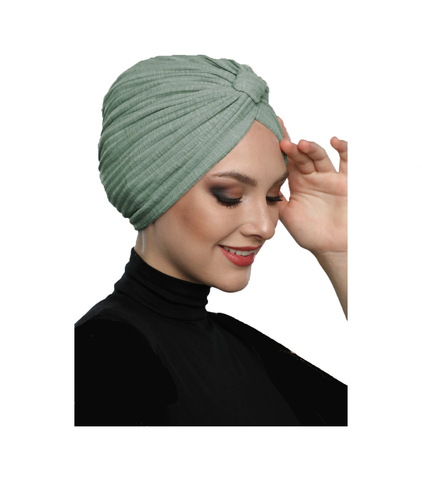 Pamuklu Bantlı Astarlı Su Yeşili Hazır Türban Tesettür Havuz Bonesi Su Yeşili