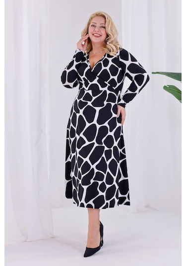 Kadın Siyah Beyaz Taş Desen Kruvaze Yaka Büyük Beden Esnek Maxi Elbise Siyah