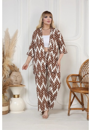 Desenli Kimono Hırkalı 2li Alt Üst Takım Bürümcük Kumaş Yazlık 2xl-6xl Oversize Kahverengi