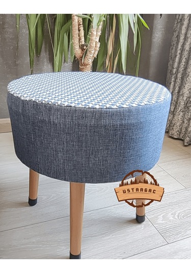 Puf Koltuk Tabure - Lacivert Keten Örme Kaz Ayağı - Ahşap Gürgen