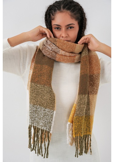 Kadın Yumuşak Dokulu Kalın Şal Atkı 15951 - Hardal Hardal