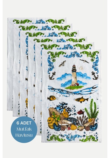6lı Paket Baskılı Beyaz Mutfak Havlusu Modeli Çok Renkli