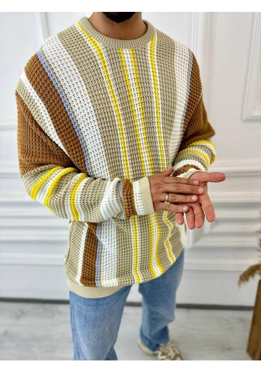 Kazak Oversize Renkli Örgü Desenli Naturel Pamuk Bol Kesim Salaş Triko Kazak Kahverengi