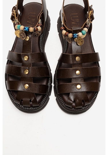 Luvishoes Solıs Kahverengi Hakiki Deri Boncuklu Kadın Sandalet