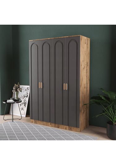 Mila 4 Kapaklı Eko Bazalı Gardırop - Mdf Kapak Antrasit