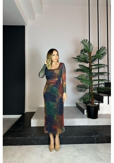 G0844 Kare Yaka Tül Elbise Çok Renkli-çok Renkli Çok Renkli