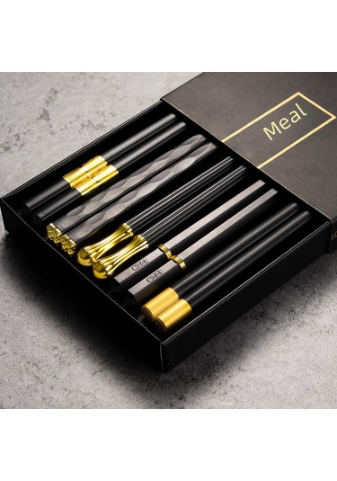 Mufunye Aile İçin Yenilikçi Japon Stili Dayanıklı Alyuminyum Çubuk Çatal, Tek Kişilik Hijyenik Kullanim, Yüksek Sıcaklığa Dayanır - Siyah Altın Desenli 5'li Paket Diğer