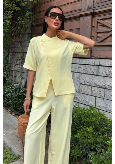 Sensuelle Hakim Yaka Çapraz Düğmeli Plazzo Pantolon Viscon Keten Takım 10209 Altın
