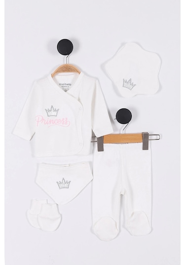 Prenses Desenli Müslin Kız Bebek Hastane Çıkışı Bebek Kıyafetleri Yenidoğan Hastane Çıkış Seti 5 Li Ekru