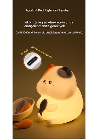 Yaratıcı Açgözlü Kedi Görseli Başucu Gece Lambası 035-1 Beyaz