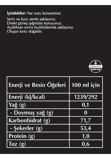 %100 Nar Ekşisi 330 Gr Cam