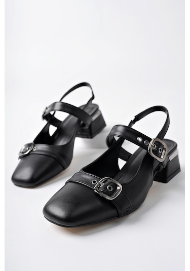 Muggo Yuqi Arkası Açık Küt Burun Çift Kemerli Kadın Günlük Klasik Kısa Topuklu Ayakkabı siyah