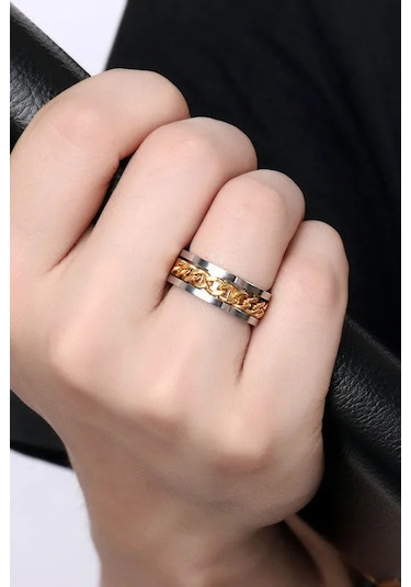 Ortası Dönebilen Zincirli Erkek Kadın Anti-stres Çelik Alyans Yüzük Cl43 Gold - Gümüş