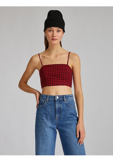 Koton İnce Askılı Crop Top Kırmızı Ekose 2sak30041pw