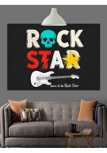 "rock Star" Afişi Ve Gitar Dekoratif Kanvas - Mdf Ahşap Tablo
