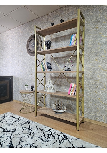 Gold Boyalı Kitaplık - 5 Raflı Suntalem Lüks Kitaplık Atlas Çam Çok Renkli