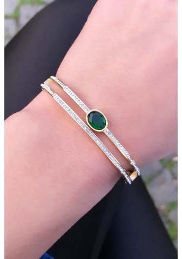 Zirkon Taş Sıralı Ve Yeşil Taş Detaylı Gold Renk Kelepçe - Çelik Yeşil