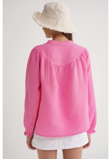 4733 Kadın Büzgü Robalı Uzun Kol Müslin Gömlek Pembe Pembe