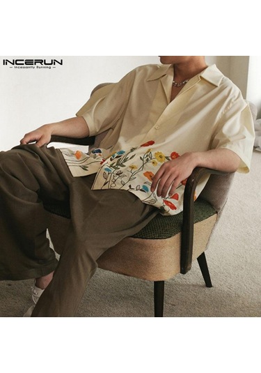 İncerun Yaz Baskı Erkek Kısa Kollu Tatil Günlük Salaş Gömlekler Bej