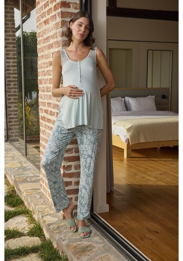 Monamise 24093 Hamile Lohusa Sabahlıklı Pijama Takım-yeşil