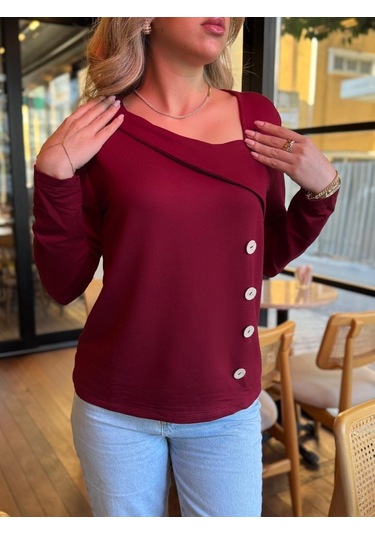 Kadın Uzun Kollu Geometrik Yaka Detay Yandan Düğmeli Viskon Iki Iplik Bluz Antrasit Melanj