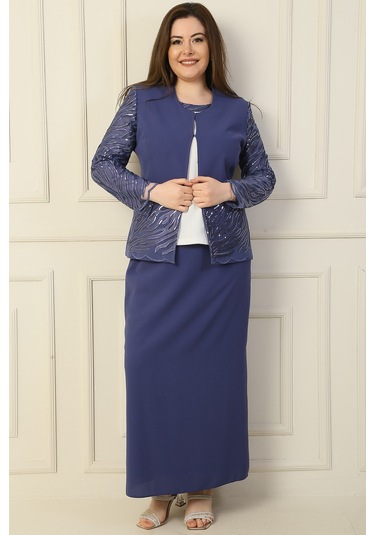 İçi Yarım Ay Kol Bluz Pul Nakışişlemeboncuk Detaylı Ceket Etek Astarlı Büyük Beden 3'lü Takım İndigo İçi Yarım Ay Kol Bluz Pul Nakışişlemeboncuk Detaylı Ceket Etek Astarlı Büyük Beden 3'lü Takım İndigo