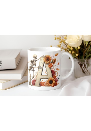 A Harfi Gotik İskelet Kupa Bardak -retro Çiçekli Tasarım - Cadılar Bayramı / Halloween Hediye Beyaz