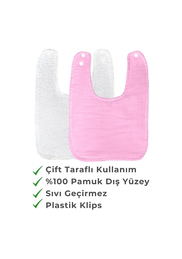 Pamuklu Sıvı Geçirmez Mama Önlüğü Bürümcük-havlu Çift Yönlü P-b Beyaz - Pembe