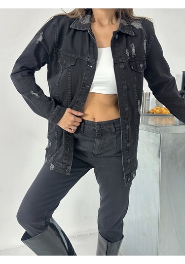 Blue Marlin Kadın Siyah Lazer Yirtik Detayli Boyfriend Kot Ceket Siyah