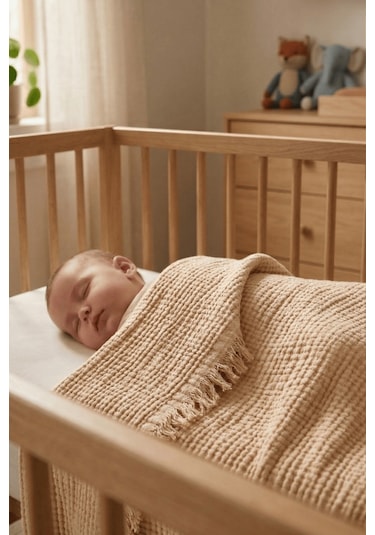 Müslin Püsküllü 4 Katlı Müslin Battaniye 90x120 Cm - Ze4katlı Bej