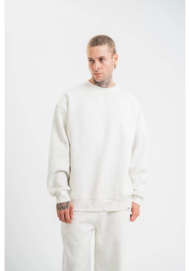 Unisex Uzun Kol Bisiklet Yaka Yıkamalı Sweatshirt - Beyaz Beyaz