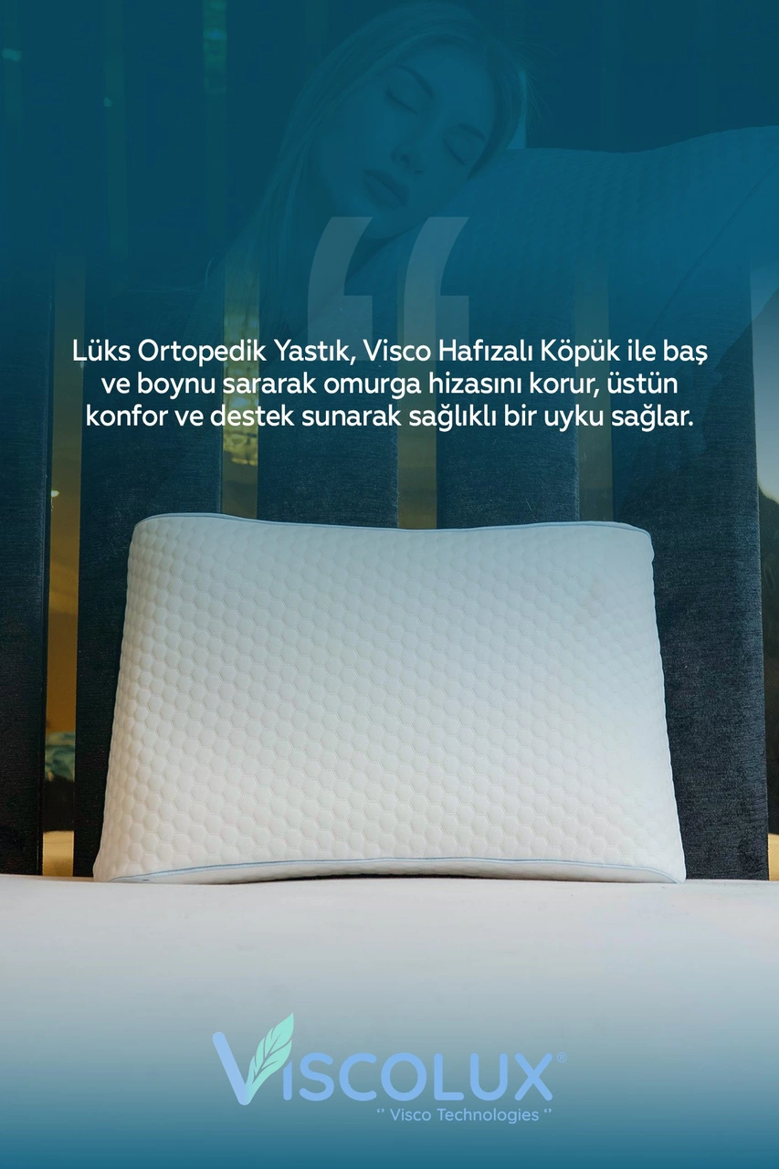 Bombeli Lüx Boyun Destekli Ortopedik Yastık Anti-aging Visco Yastık 57x42x13/11 Mavi