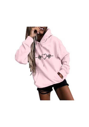 Kaixinjiuhao Kadın Moda Rahat Eğlenceli Baskı Kapşonlu Kazak Gevşek Spor Üstleri Kazak Siyah