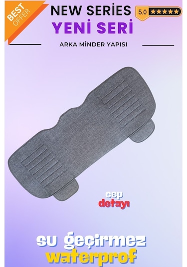 Keten Su Geçirmez Ön Arka Araba Koltuk Minderi 3'lü Oturak Cepli Gri