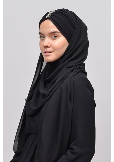 Altobeh Zarif Taşlı Drapeli Hazır Pratik Şifon Kadın Tesettür Şal - Siyah