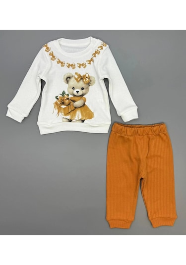 Kız Bebek Ayıcık Baskılı Çıt Çıtlı Alt Üst İkili Gündelik Takım Hardal