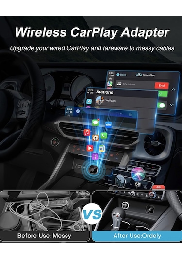 Youtek Kablosuz Carplay Adaptörü, Type-c Dönüştürücü İle, Otomatik Bağlantı, Entegre Navigasyon/müzik/siri/dahili Çağrı Desteği, İos/android Uyumlu