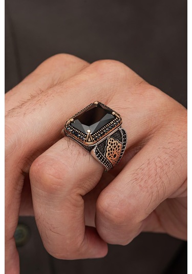 Siyah Zirkon Taşlı Dikdörtgen 925 Erkek Gümüş Yüzük Gümüş