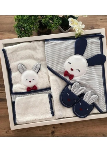 Kulaklı Tavşanlı Bebek Bornoz Seti Lacivert Beyaz Lacivert - Beyaz