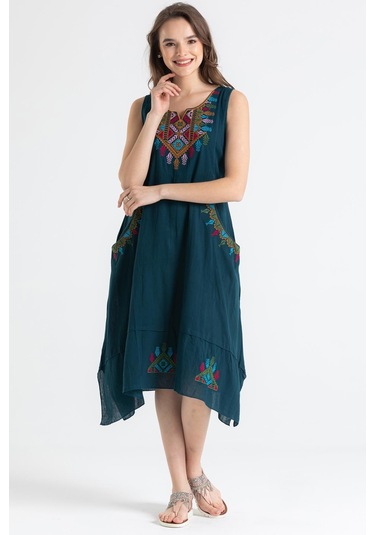 Kolsuz Şile Bezi Antik Nakışlı Midi Boy Elbise Petrol Ptrl-petrol