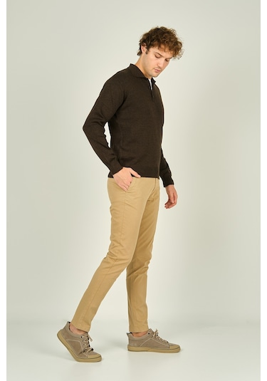 Ateş Triko Erkek Polo Yaka Düğmeli Yün Kazak 6091023 Koyu Kahve Koyu Kahve Koyu Kahverengi