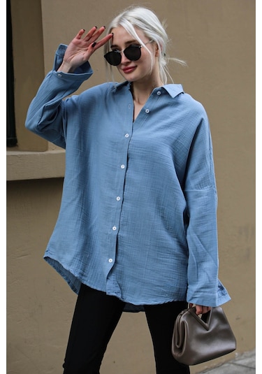Madmext Mavi Muslin Kumaş Basic Kadın Gömlek Mg1660 Mavi